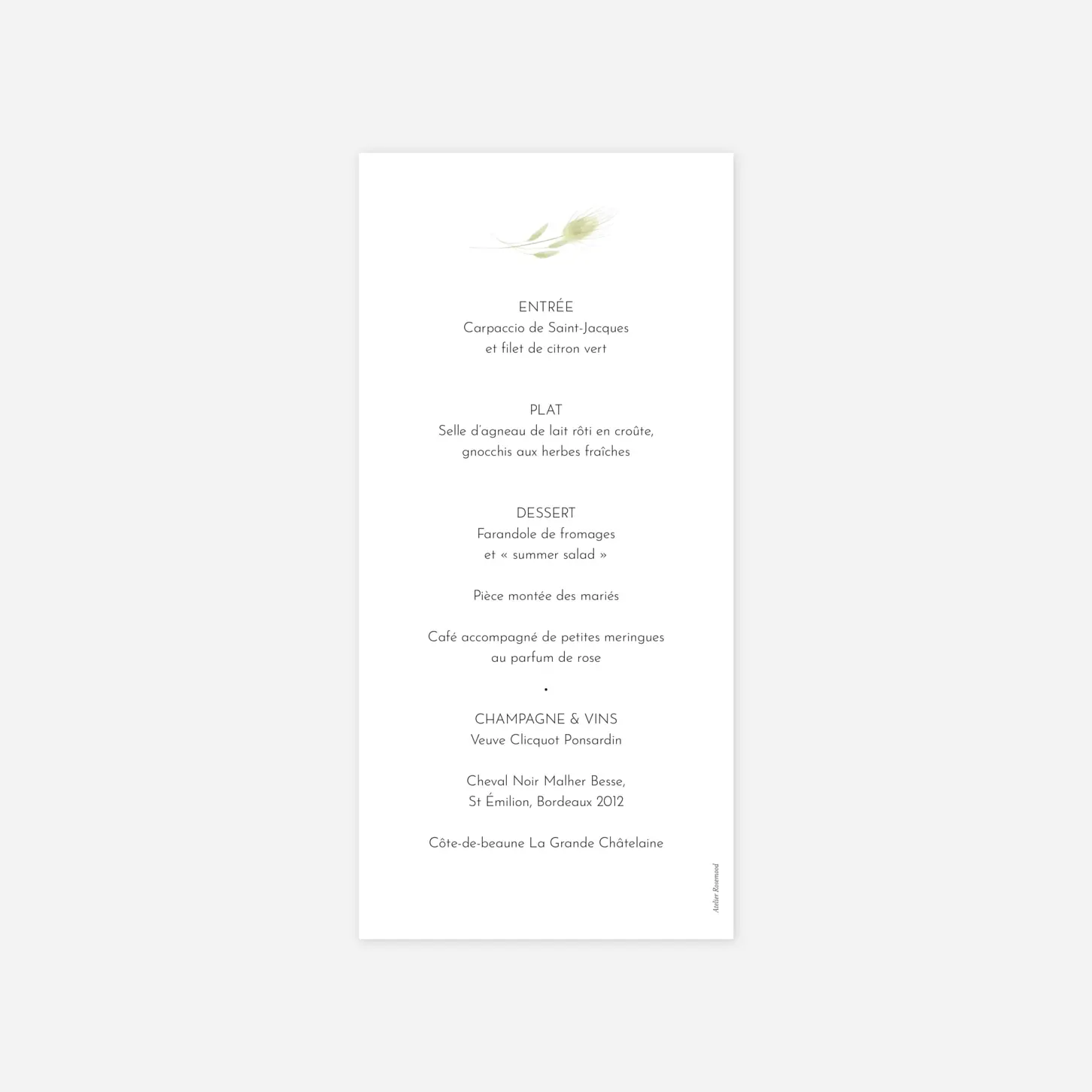 Menu mariage L'air du vent