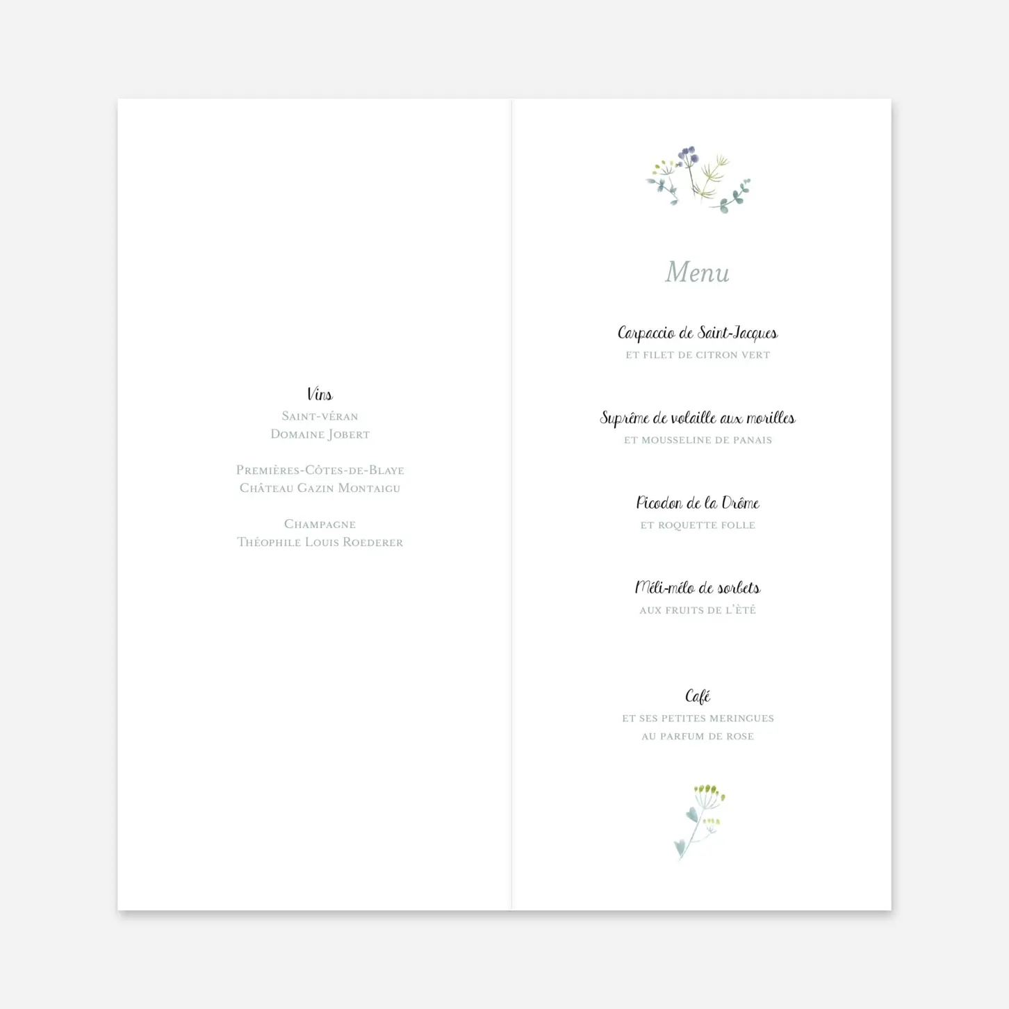 Menu mariage Bouquet sauvage
