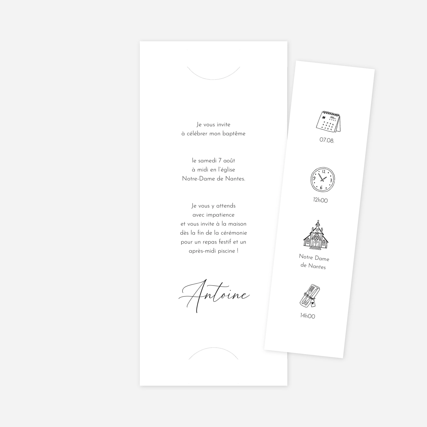 Faire-part baptême Calligraphie pictos