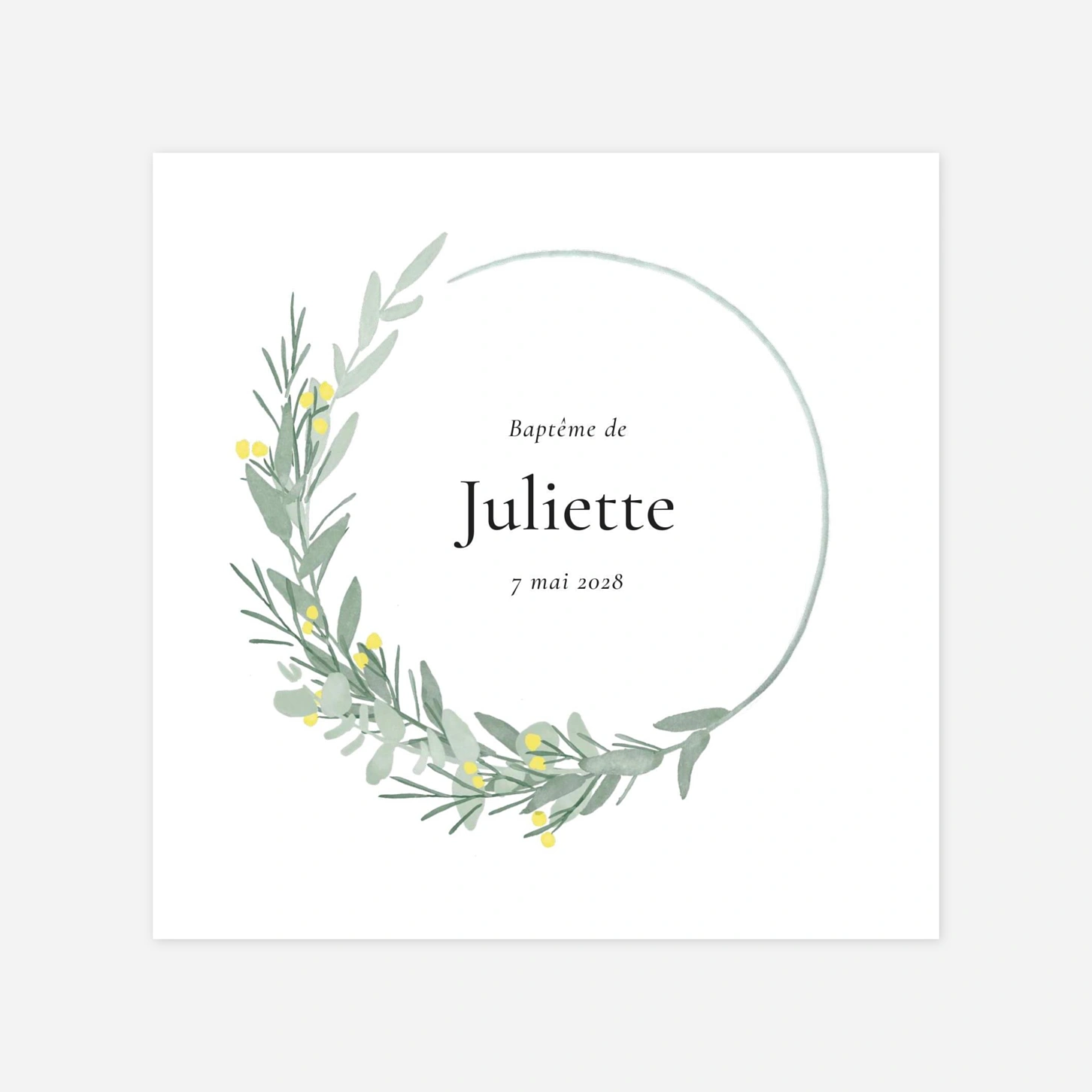 Faire-part baptême Couronne d'eucalyptus