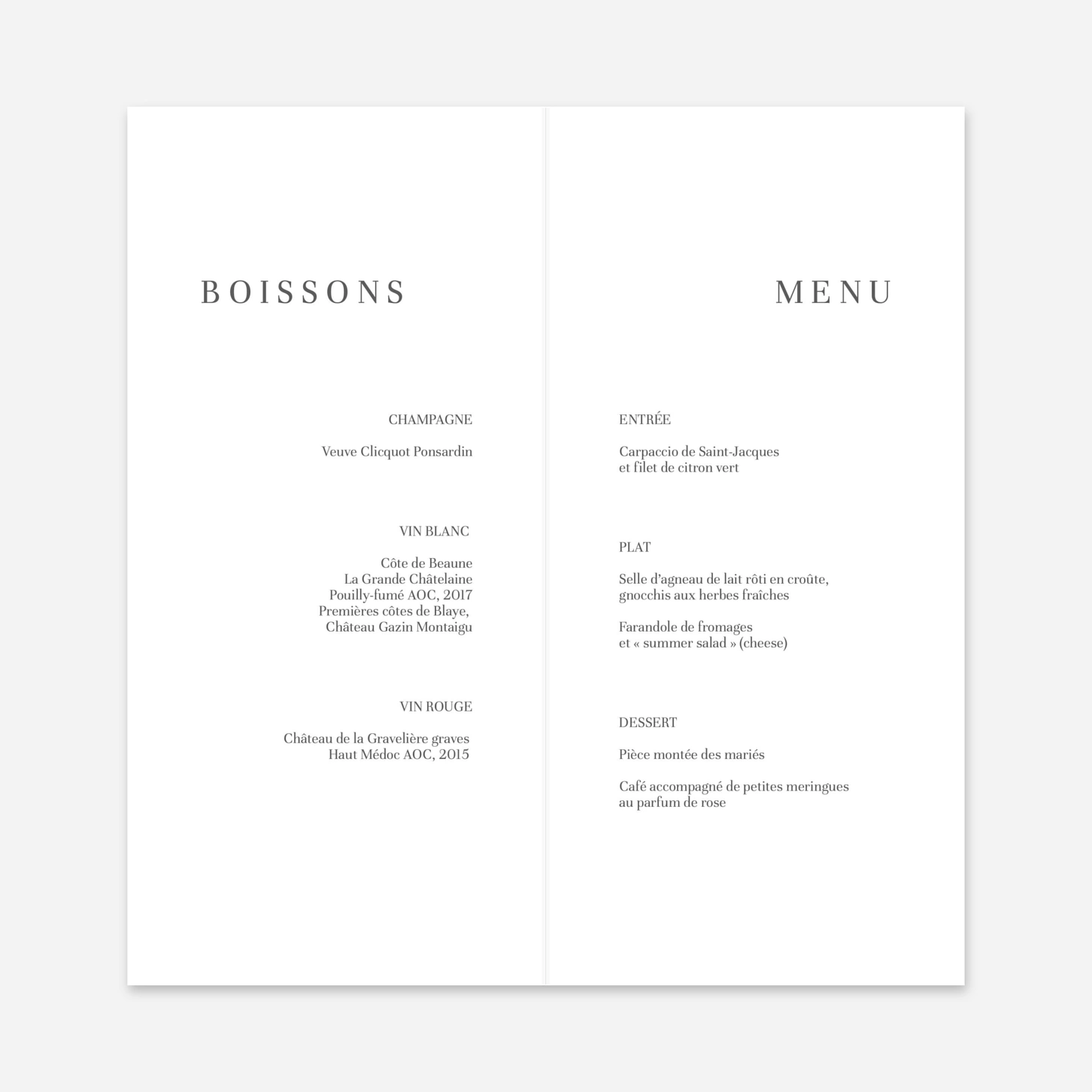 Menu mariage Délicatesse florale