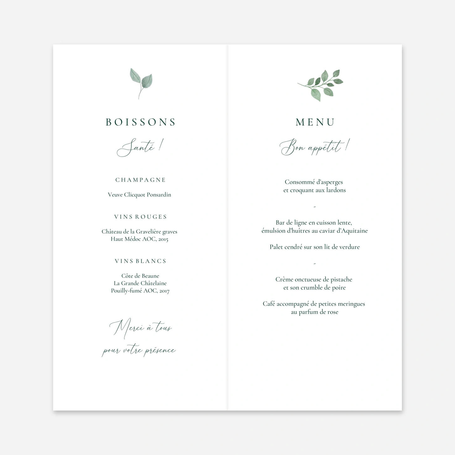 Menu mariage Jardin végétal