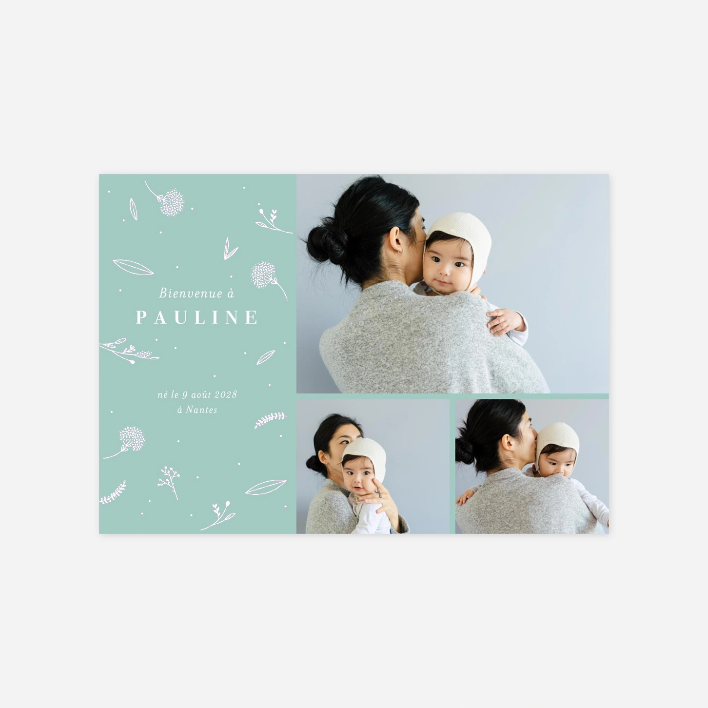 Faire-part naissance Élégant feuillage 3 photos