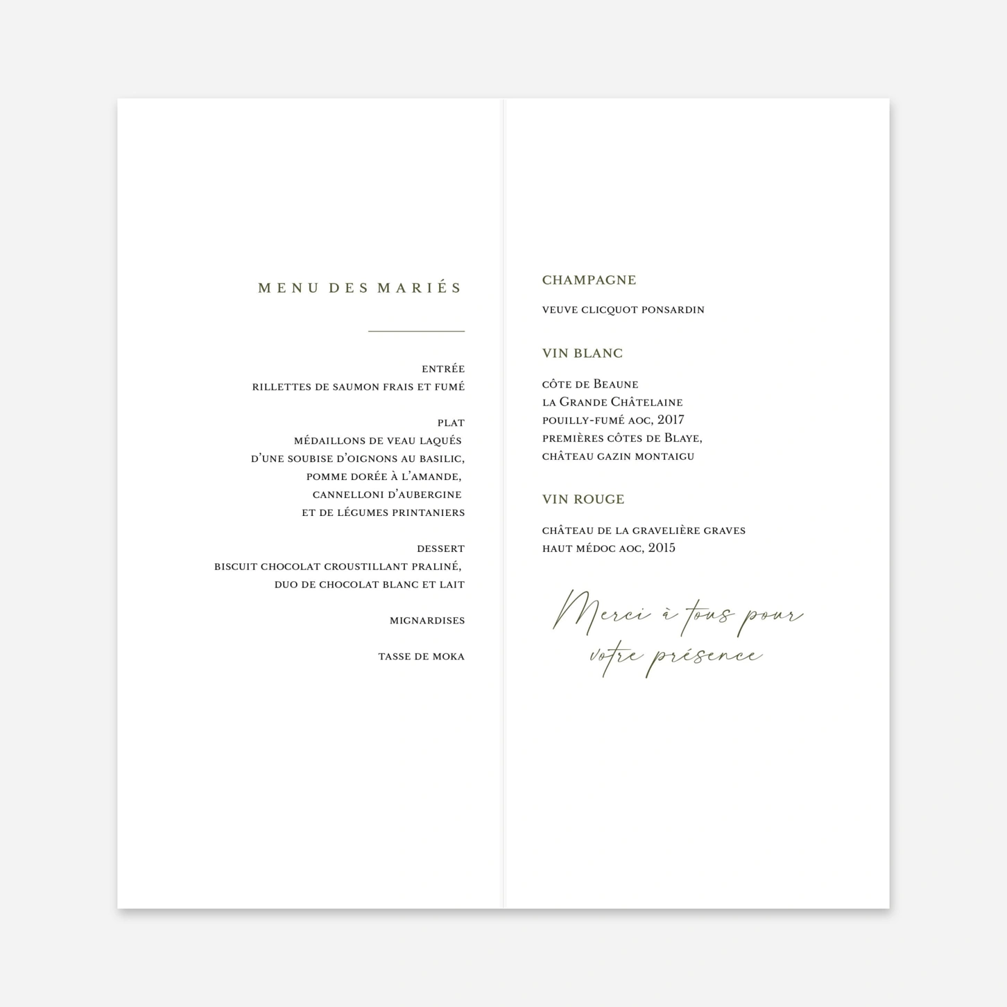 Menu mariage Éternelle Élégance
