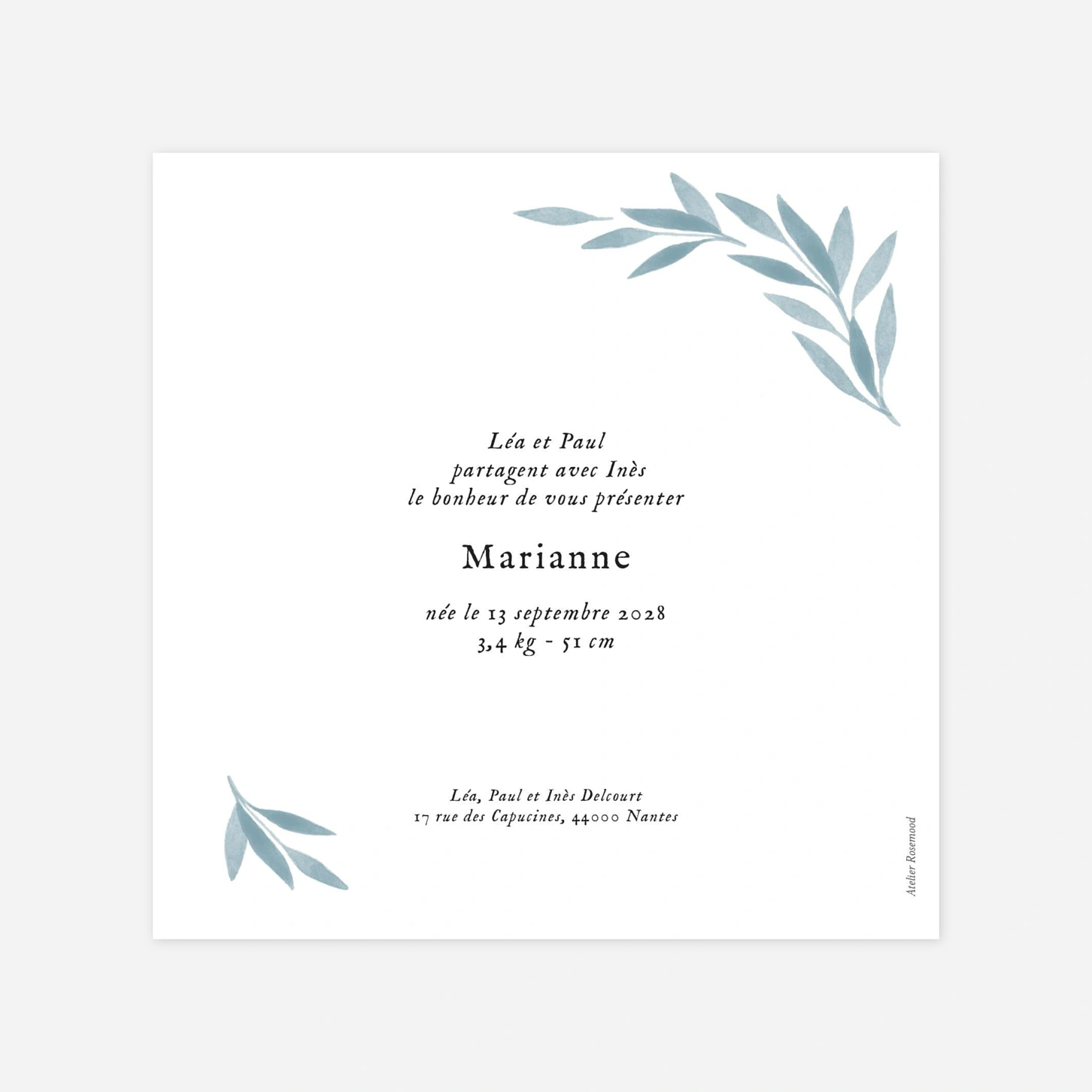 Faire-part naissance Feuillage aquarelle