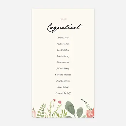 Nom de table mariage Fleurs aquarelle