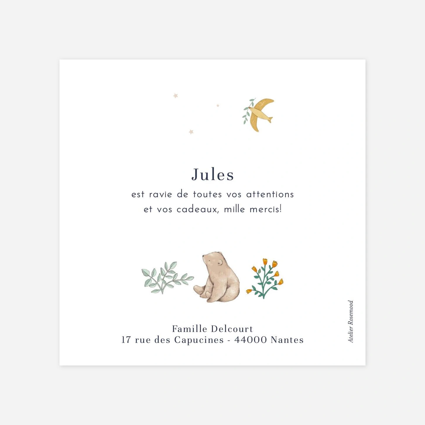 Carte remerciement baptême Histoire du jardin