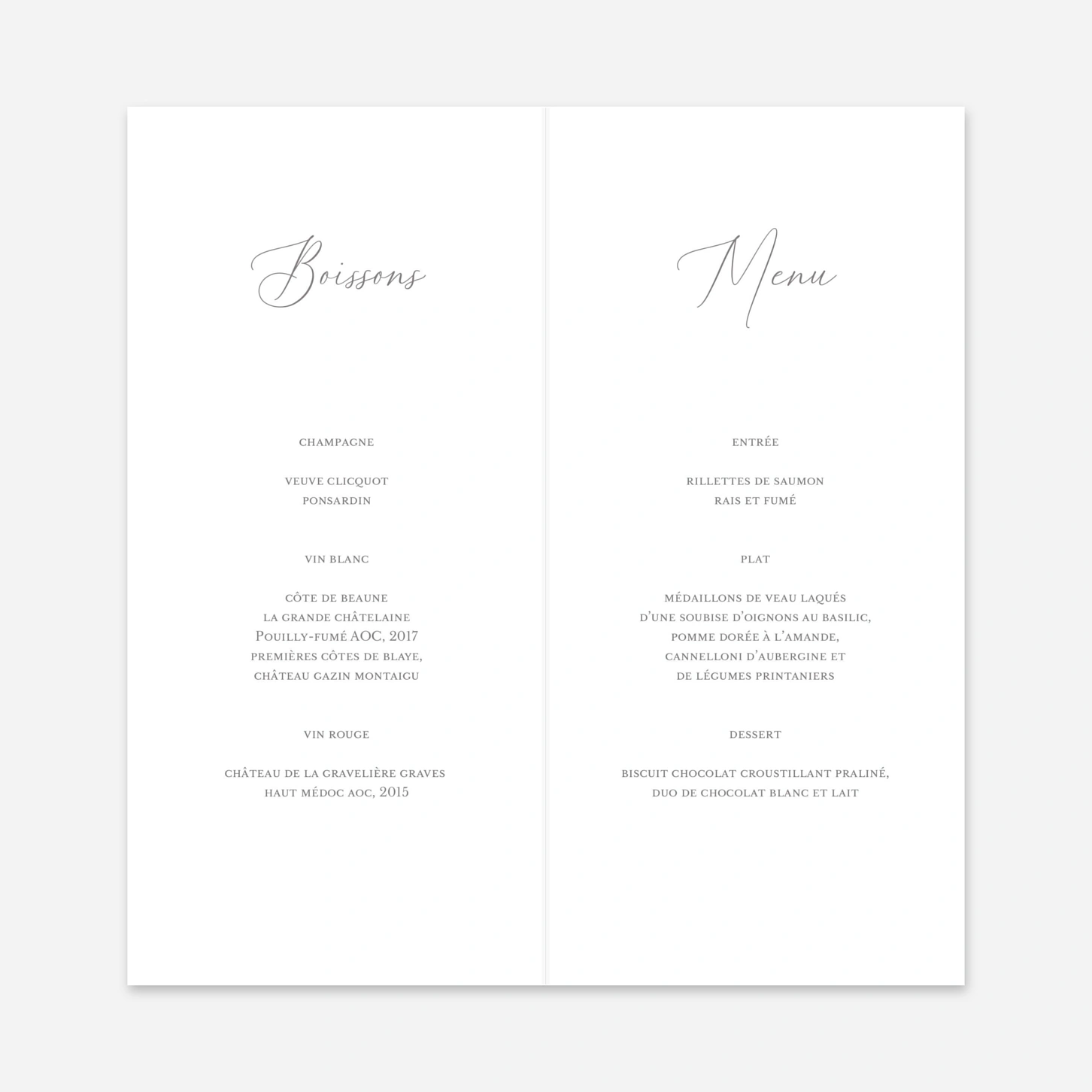 Menu mariage Jour Promis