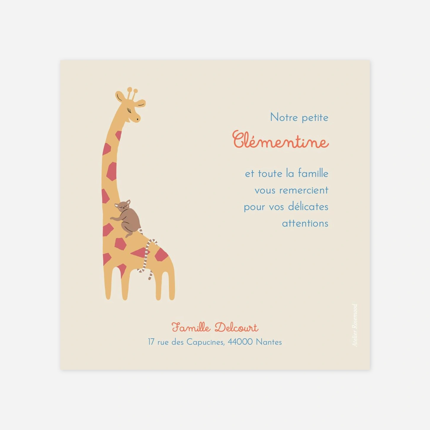 Carte remerciement naissance La famille des animaux