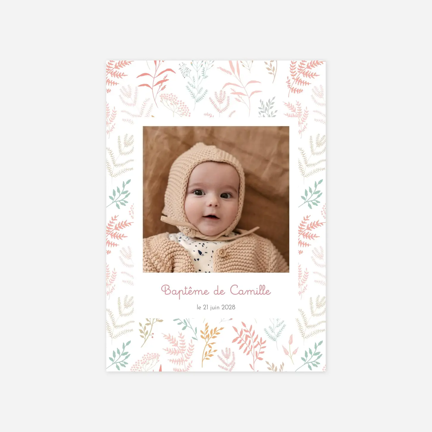 Faire-part baptême Liberty feuillage