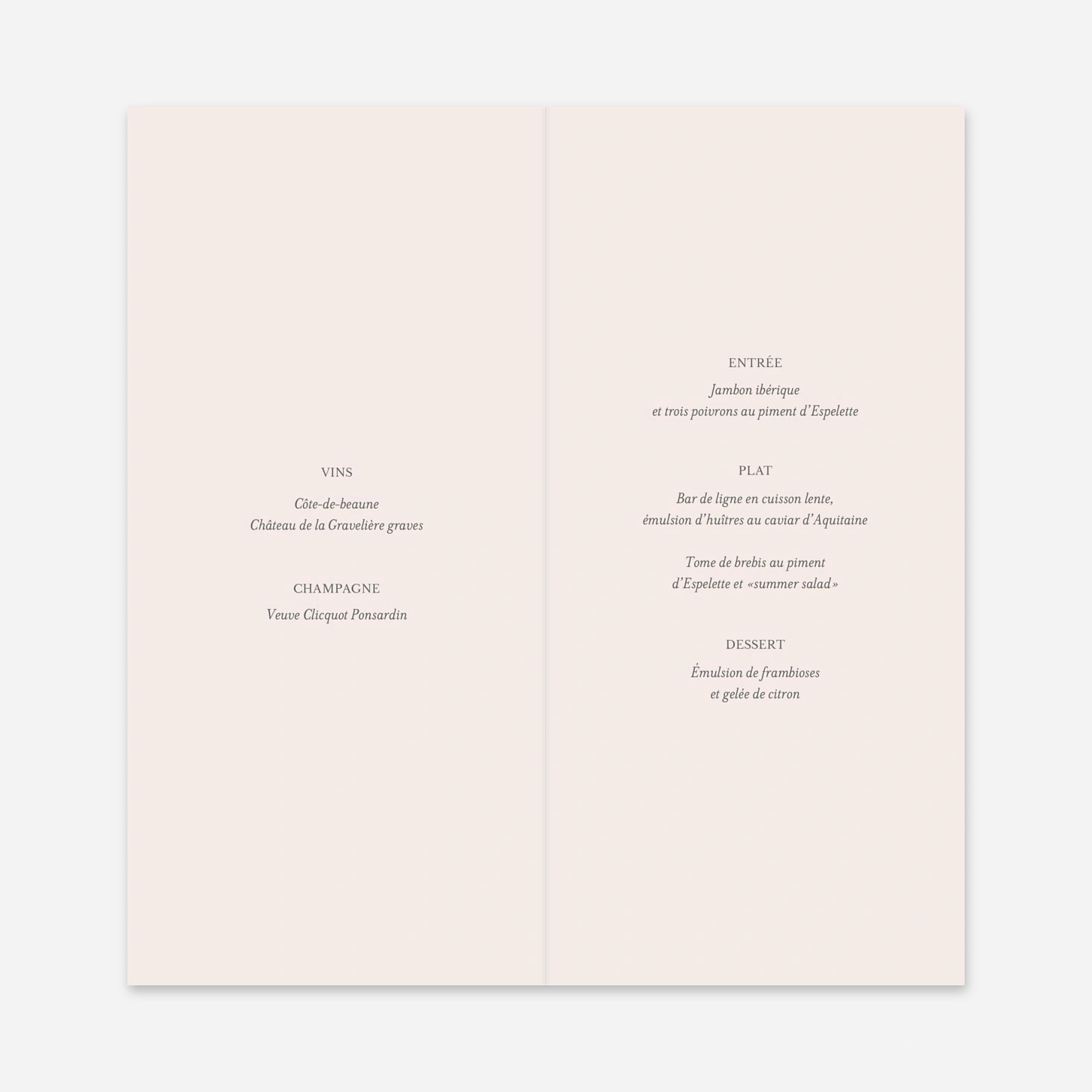 Menu mariage Lieu de noces