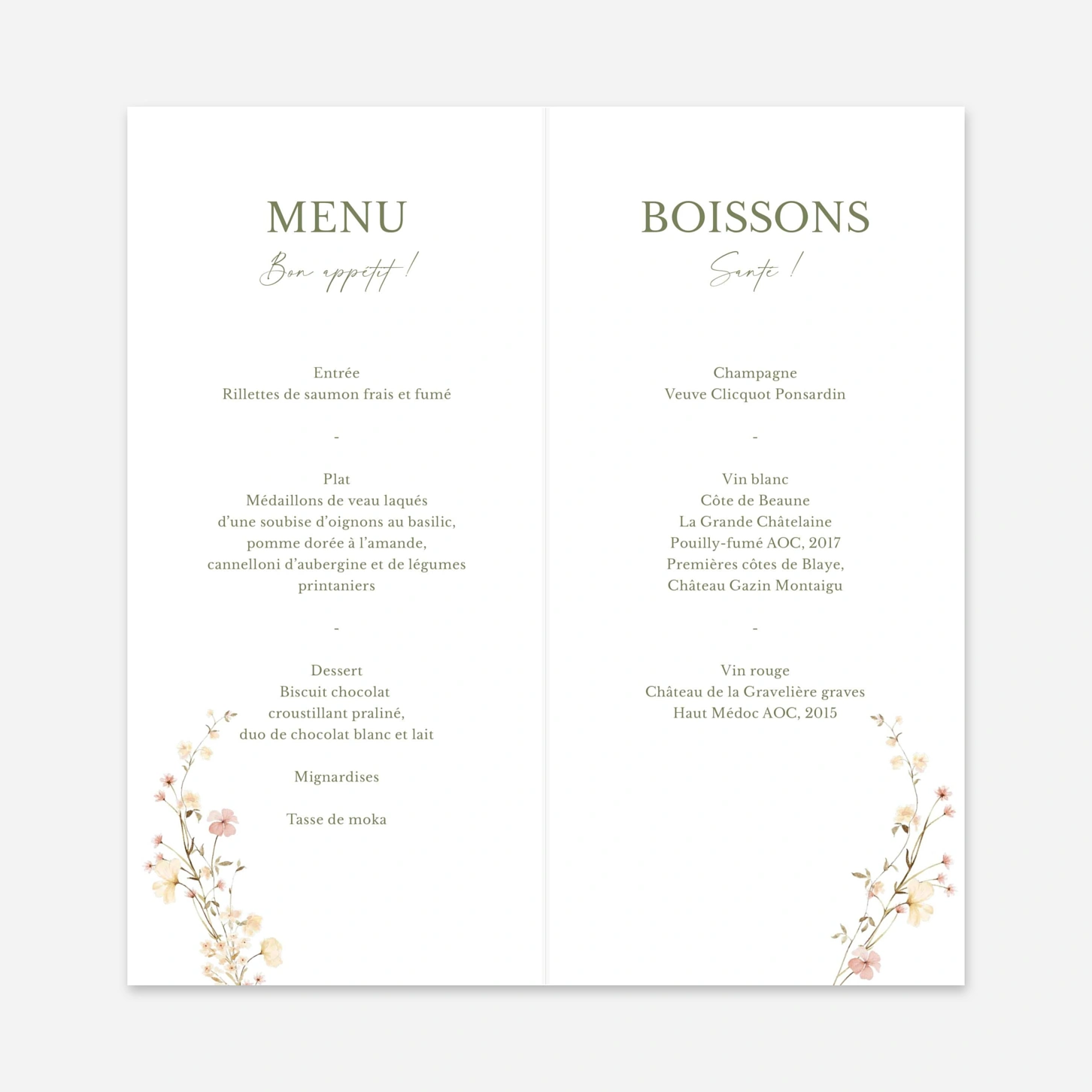 Menu mariage Monogramme Floral
