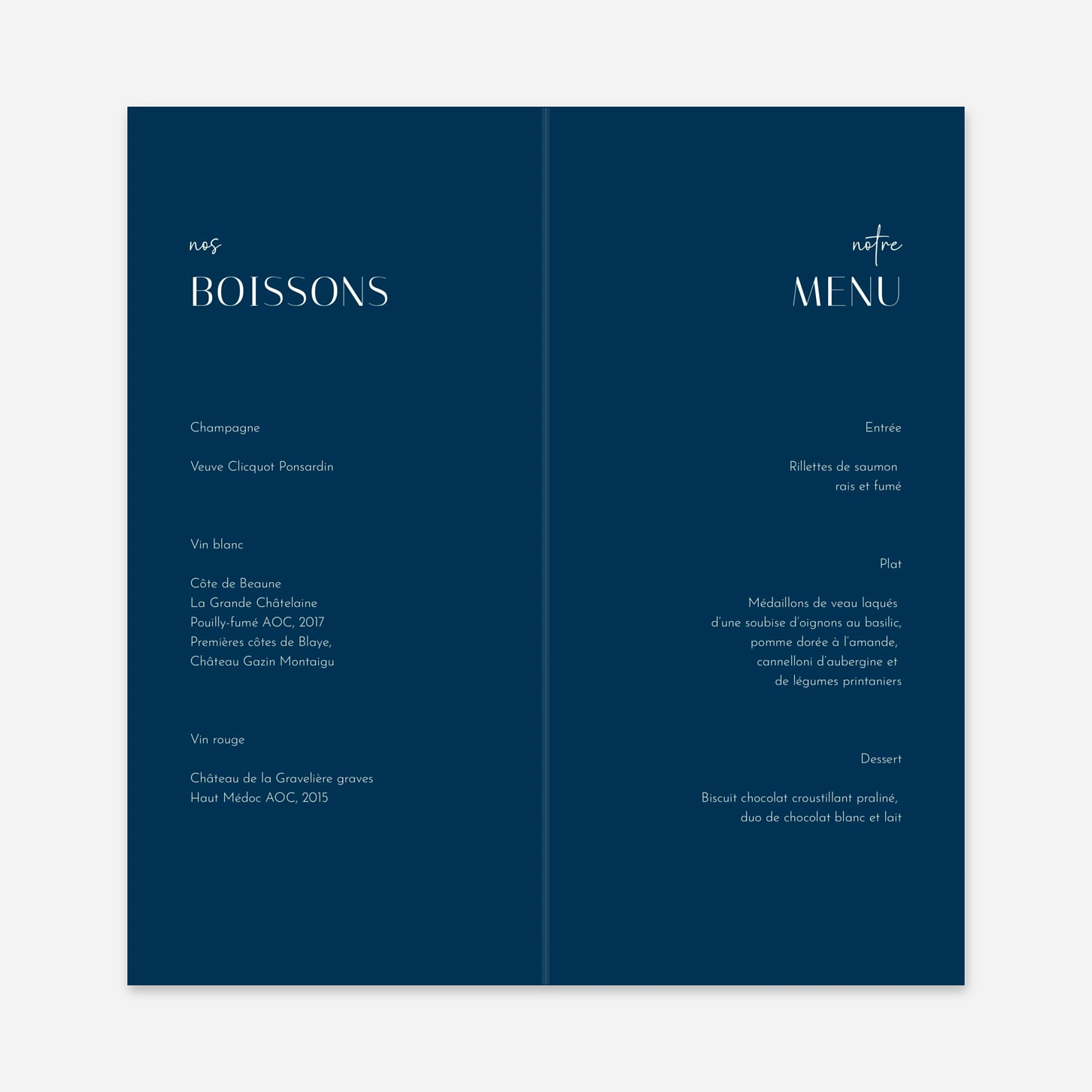 Menu mariage Nos Sentiments