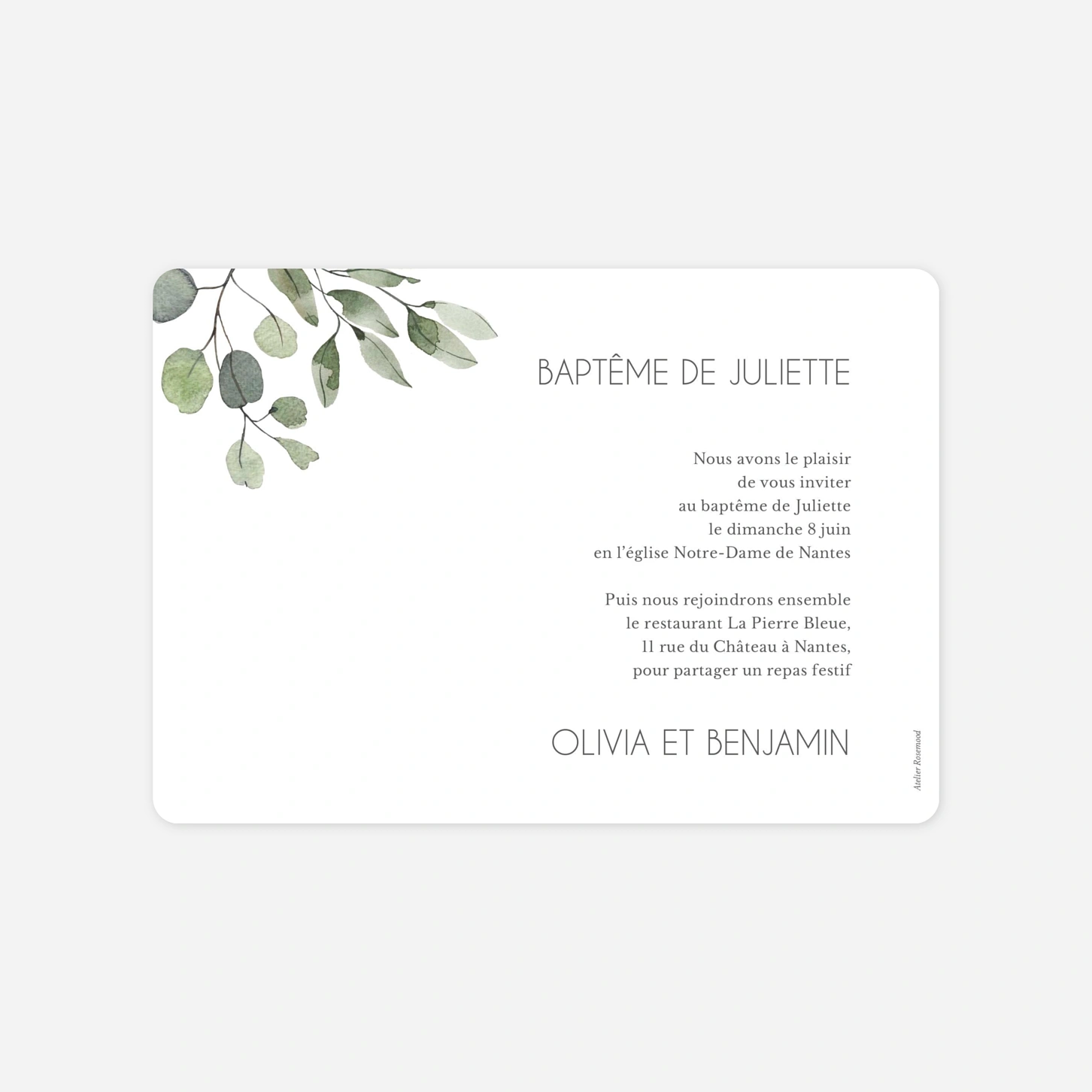 Faire-part baptême Promesse Eucalyptus