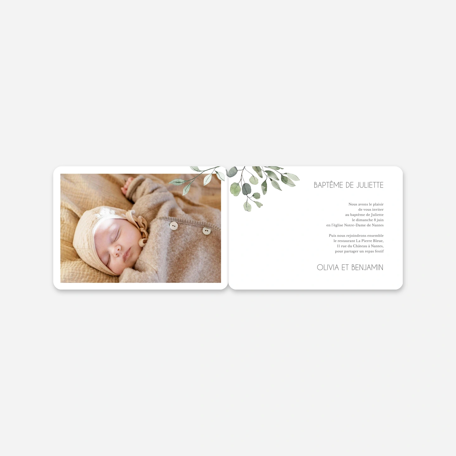 Faire-part baptême Promesse Eucalyptus
