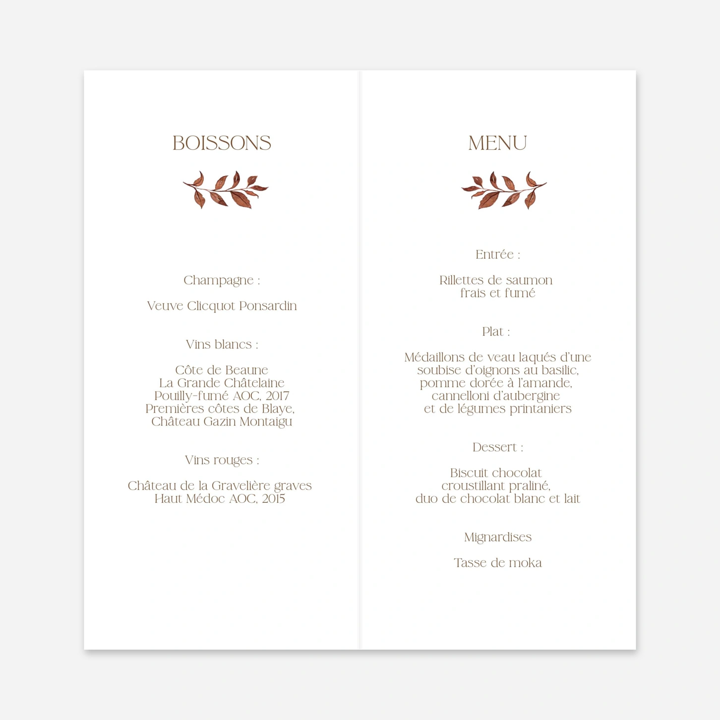 Menu mariage Douce lueur