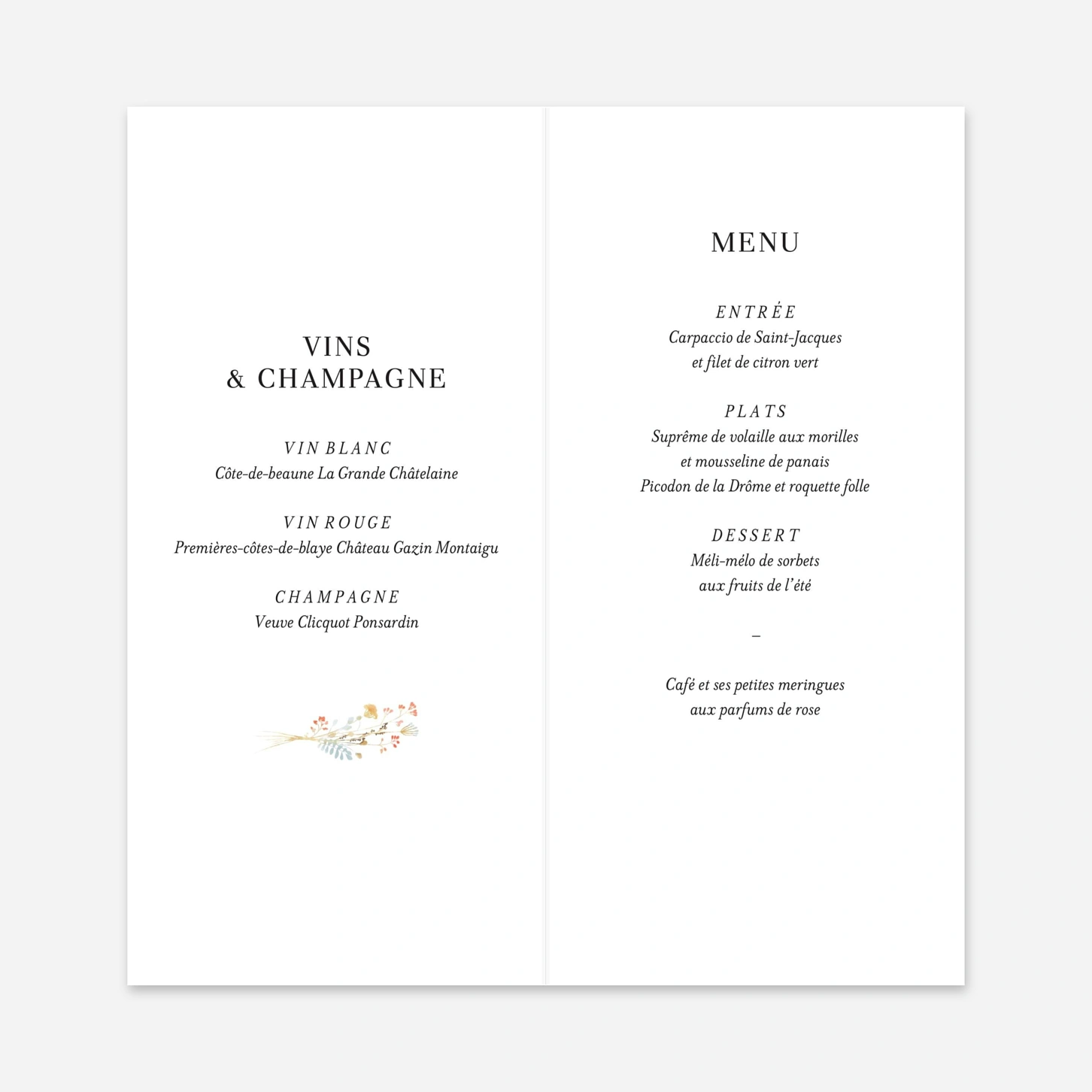 Menu mariage Solstice d'été