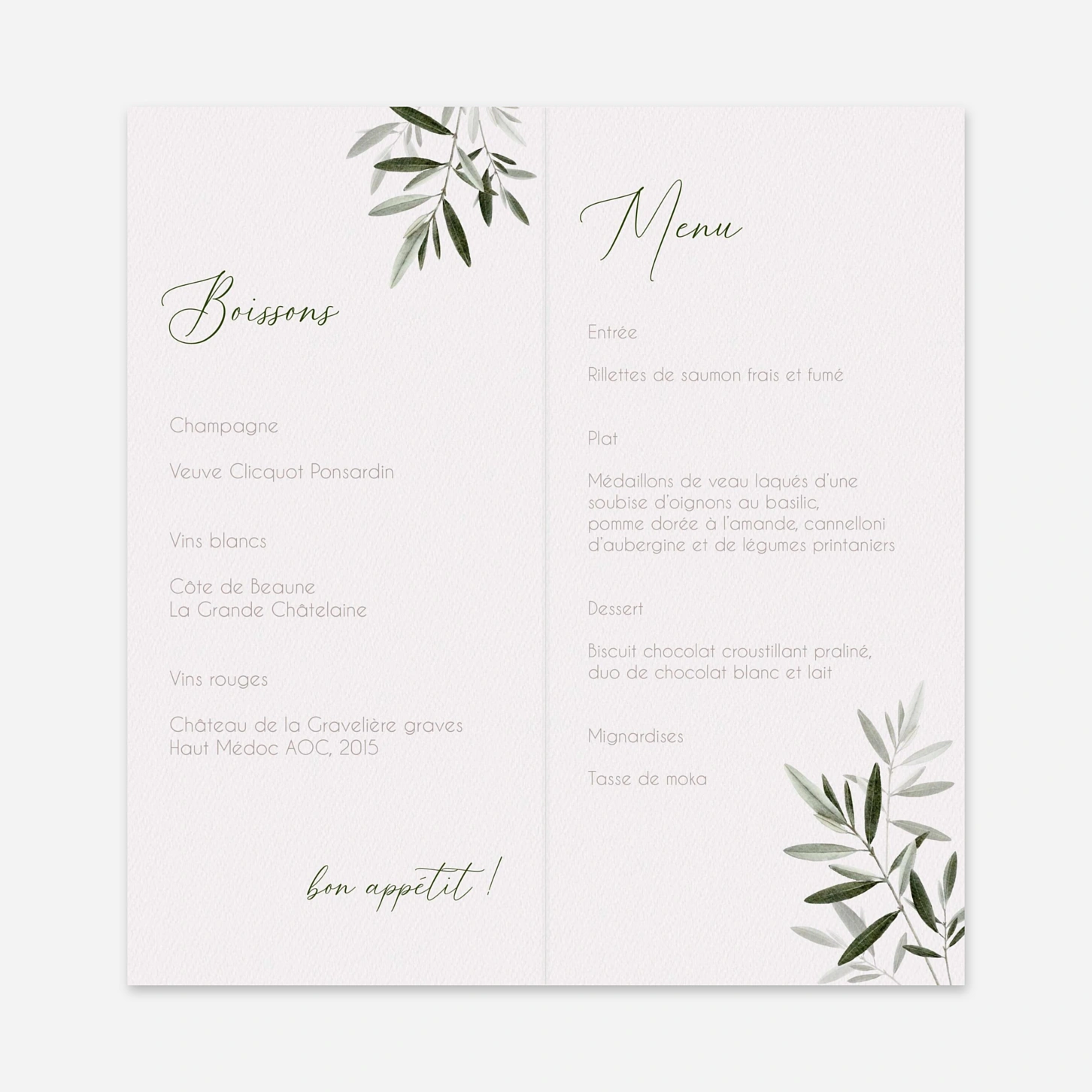 Menu mariage Tendre feuillage