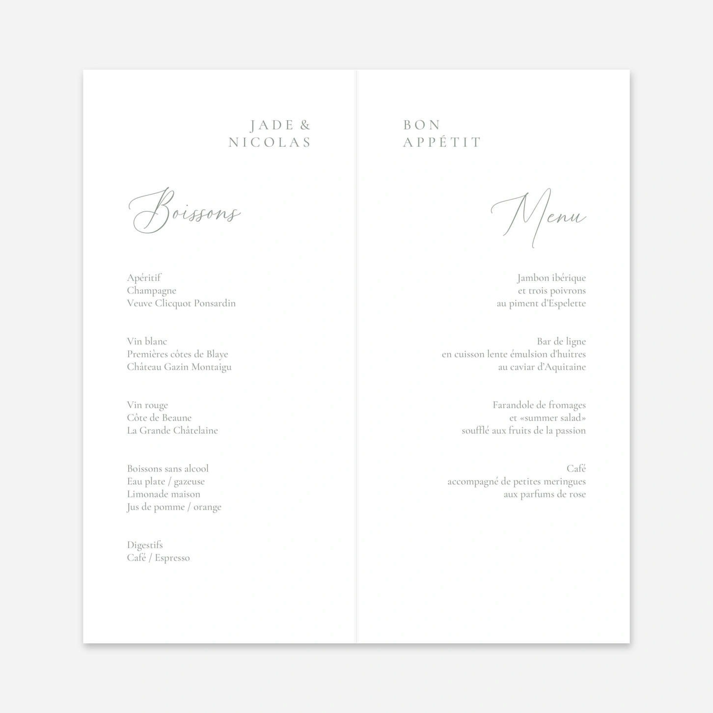 Menu mariage Union d’Amour
